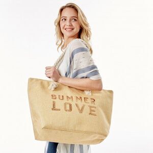 Large Beach Tote with "Summer Love" Sequin Design